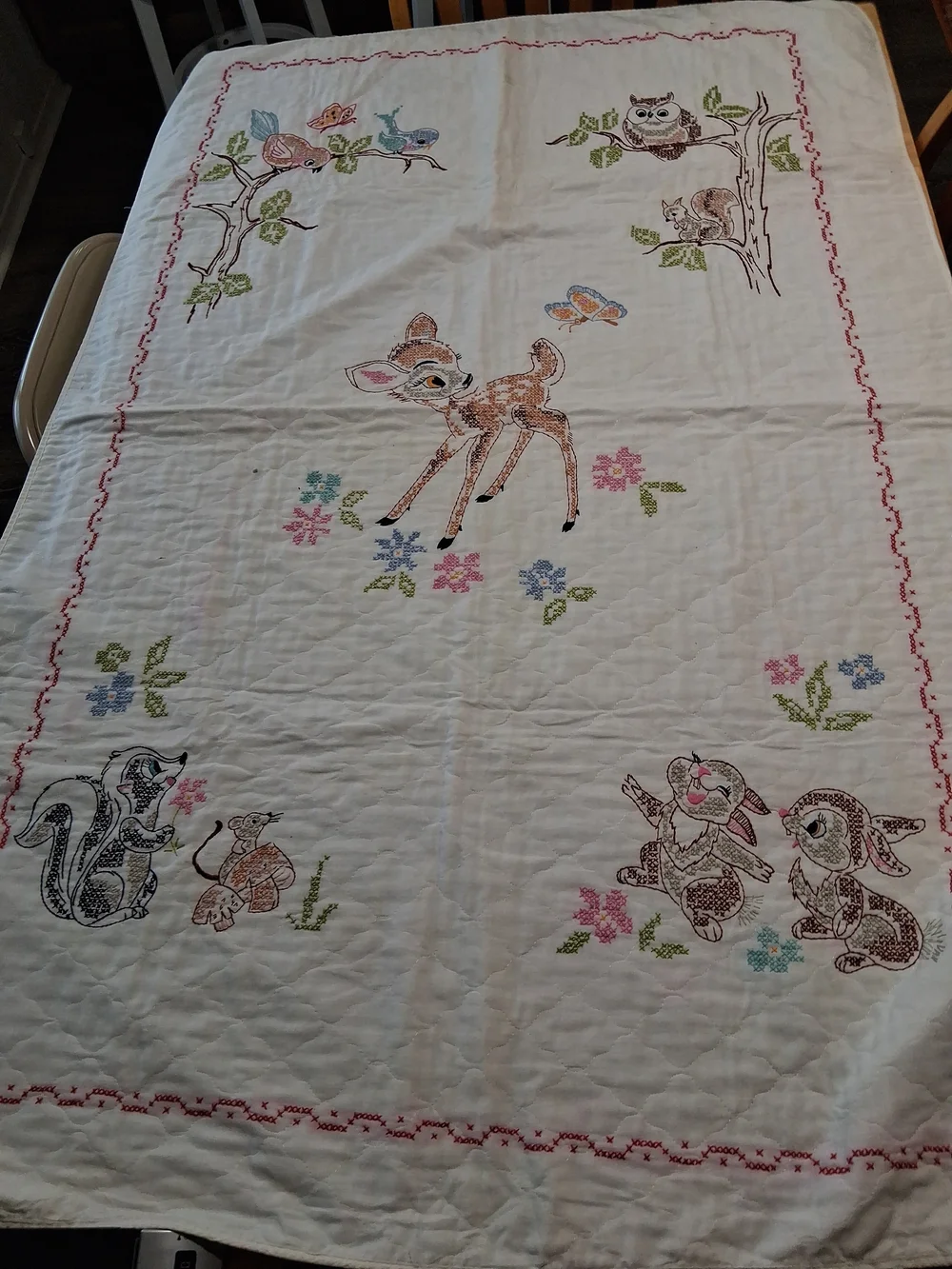 4 Handmade Vintage Embroidered Baby Quilts -2 Bambi, Sunbonnet Sue Applique...